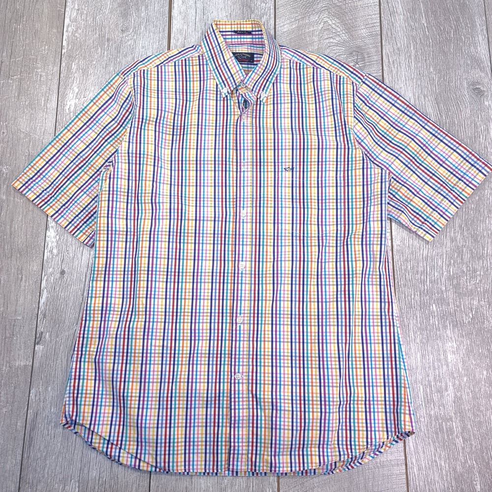 Paul & Shark Button Down Shirt Mens 41 Multi Color Rainbow Check Short Sleeve